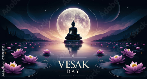 Illustration for Vesak Day featuring the serene image of Buddha meditating under the full moon surrounded by lotus flowers and a tranquil landscape.