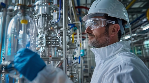 Engineer in petrochemistry overseeing the automated control system of a large scale reactor