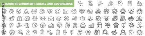 Environment nature line icons collection. ESG concept, net zero in environmental, social and governance. Vector illustration