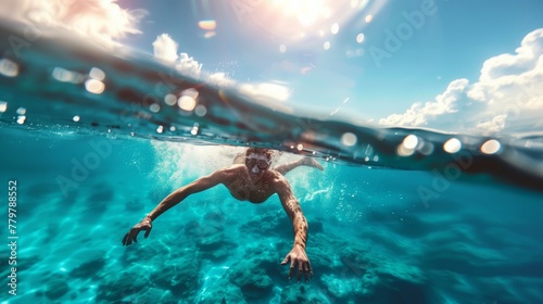 Underwater view of a swimmer with a split surface shot in clear blue water