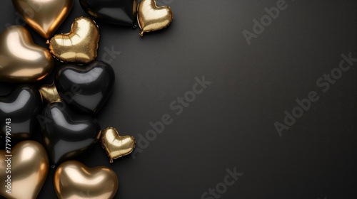 Elegant black and gold heart-shaped balloons on a dark background