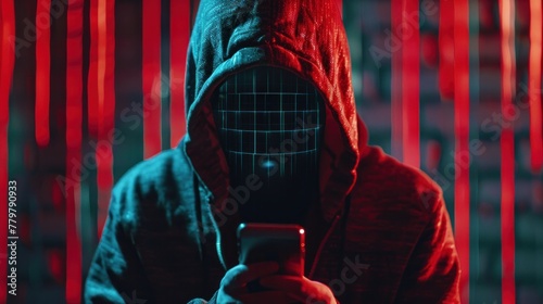 Masked hacker villain uses smartphone in information technology concept with digital impact