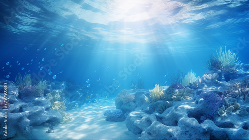 Beautiful seabed in shades of blue with algae and beautiful light