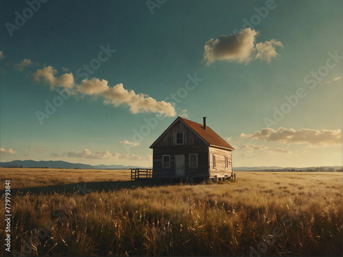 Rural Farmhouse Surrounded by Fields and Cloudy Sky Landscape Scene