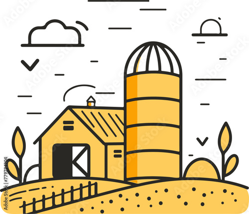 A simple flat illustration of a barn and silo in the Midwest during harvest season, symbolizing America's heartland