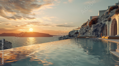 A beautiful beach with a pool and a sunset in the background