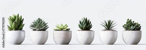 collection Set of different mixed cactus and succulents types of small mini plant in modern ceramic Nordic vase pot as furniture cutouts isolated on white background.