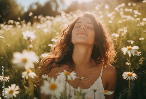  eine Frau mit geschlossenen Augen im Blumenfeld, a woman with closed eyes in a field of flowers