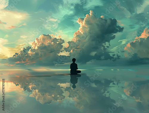 A figure sitting under a sky of thought clouds, depicting a moment of calm reflection and mental relaxation