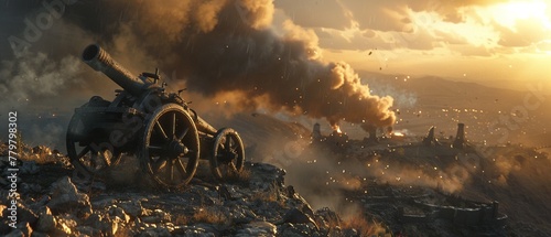 Battlefield cannons, sentinel stance, castle smoke looming, realistic textures, soft ambient light , 8K , high-resolution, ultra HD,up32K HD