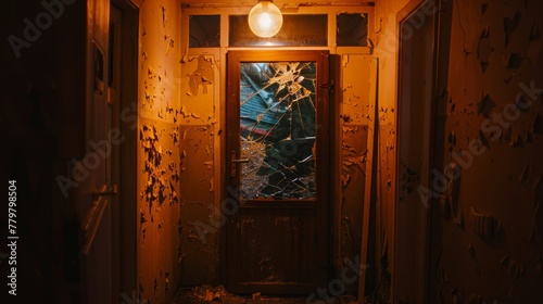 Broken Doorway in a Dark Hall, flickering light bulb Crime scene