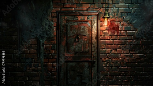 old metal door with vintage designs in a dark brick wall, under a single glowing lightbulb