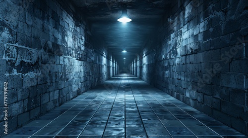 Long Dark hallway with stone walls and floor, accentuated by hanging lights that cast long shadows
