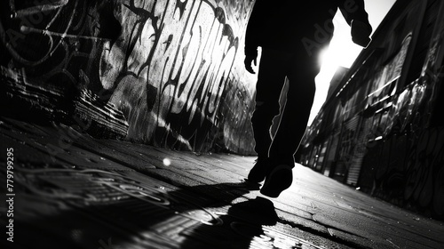 a silhouette of a criminal walking in a graffiti alley, with a bright light behide