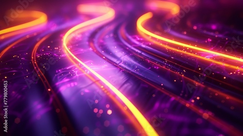 3D render, abstract background with neon light lines warp, in the style of purple and yellow