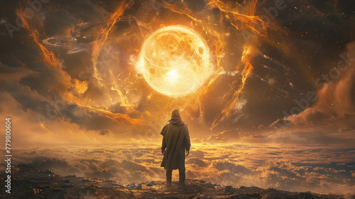The silhouette of a man in a cloak on a rocky platform watches the burning celestial sphere, a fantasy plot, banner