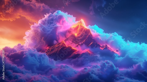 3D render of a colorful cloud with glowing neon, shaped like a mountain