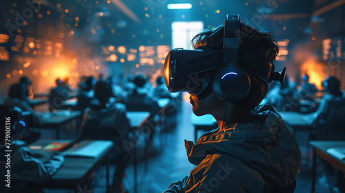 Virtual Classroom, holographic teacher, students in VR headsets, interactive lesson on floating screens, digital books Realistic, futuristic lighting, depth of field bokeh effect