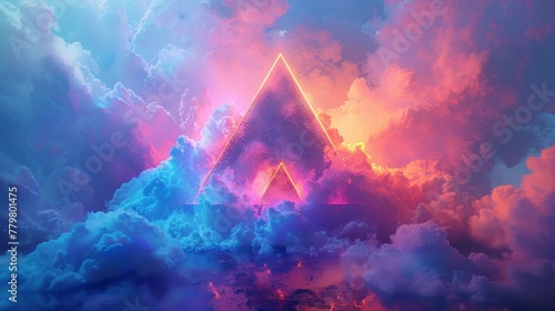 3D render of a colorful cloud with glowing neon, shaped like an alluring pyramid