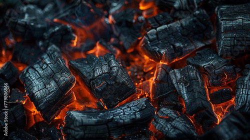 A pile of charred wood embers fading into the darkness
