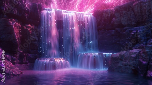 A shimmering neon waterfall cascading down a rocky cliff