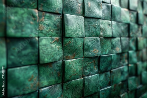 Oblique angle image capturing the texture and patina of green copper tiles arranged in a grid, reflecting wear and age