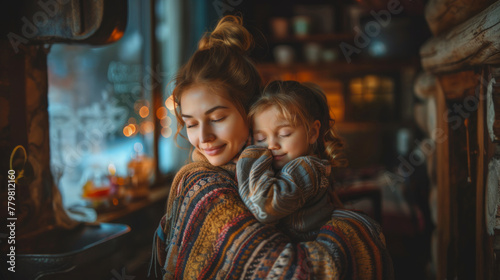 Young mother lovingly tucks in her child, sharing a tender moment in a cozy, warm indoor setting.