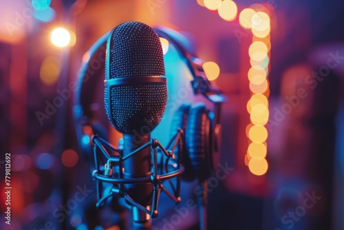 Professional microphone studio podcast stream interview platform radio with micrecording voice singing in bright record studio audio quality equipment content music media entertainment