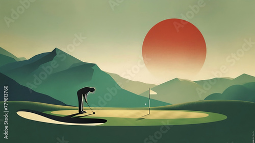 illustration of a man playing golf on the green, putting his ball into the hole