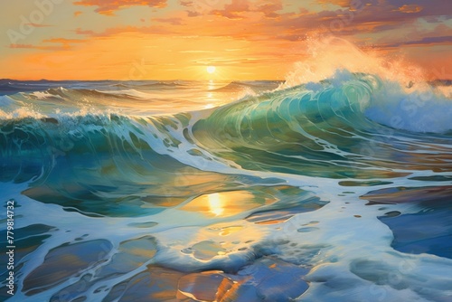 Colorful seascape, sea with waves at sunset. 