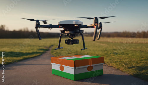 A drone flying with a package, illustrating the transformation of the shopping experience in Niger.