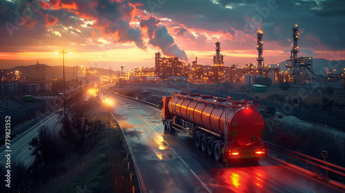 A fuel tanker truck drives along a wet highway, reflecting the vivid colors of the sunset sky, amidst a dramatic cityscape backdrop.