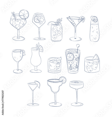 Cocktails alcoholic drinks vector daiquiri, old fashioned, manhattan, martini, margarita, gin and tonic, mimosa, negroni, cosmopolitan hand drawn brush doodle vector illustration vintage style.