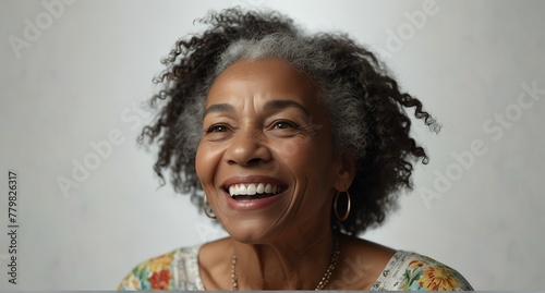 young jamaican elderly woman on plain bright white background laughing hysterically looking at camera background banner template ad marketing concept from Generative AI