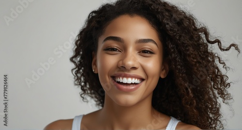 young jamaican woman on plain bright white background laughing hysterically looking at camera background banner template ad marketing concept from Generative AI