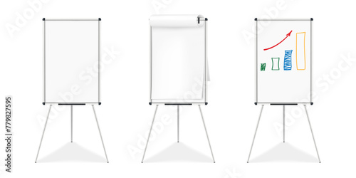 Flipchart whiteboard easel tripod stand. Vector mock-up. Flip chart white board. Realistic mockup