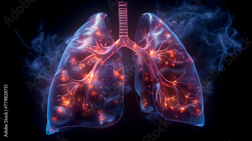 An illustrated hologram showing the human respiratory system lungs and airways glowing