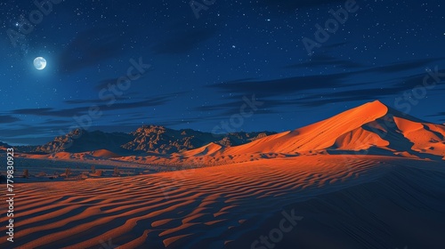 A desert landscape with a mountain in the background and a full moon in the sky. The scene is serene and peaceful, with the moon casting a soft glow over the sand dunes