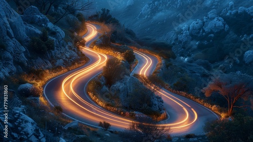 A winding road with a bright orange glow in the background. The road is surrounded by trees and rocks, giving it a serene and peaceful atmosphere