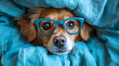 Cutie puppy dog ona blue background.Colorfull pedigree