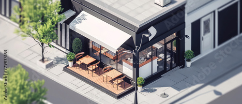 Isometric view of facade сoffee shop, cafe store, bar or restaurant with counter, glass windows. Showcase.Top view. Cartoon, 3d interior mockup. Generative ai