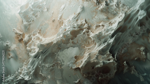 A close-up of a textured, abstract painting with layers of muted colors and delicate brushstrokes