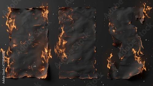 Realistic 3D modern objects set featuring burnt paper borders, charred uneven edges, burnt parchment sheets in flames. Burned, torn, or ripped frame isolated on transparent background.