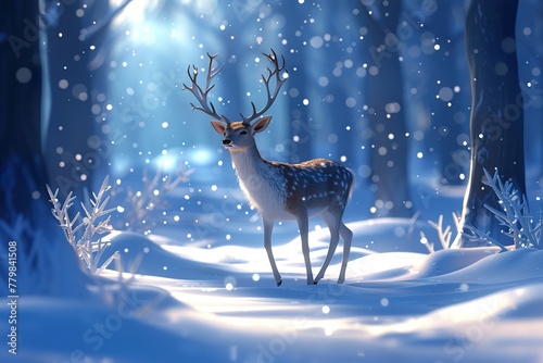 Beautiful scene with a deer in a winter snowy forest. AI generated