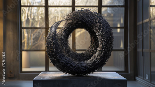 An abstract sculpture made of twisted wire, resembling a swirling vortex