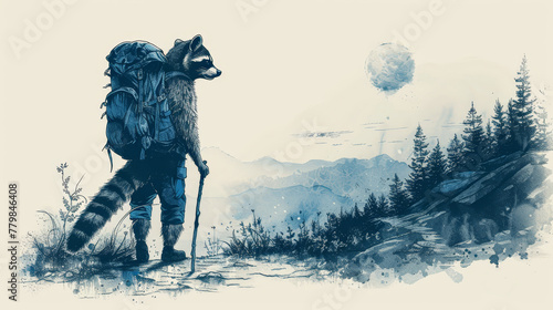  A man hikes up a hill, backpack in tow, accompanied by a raccoon Full moon rises in the background