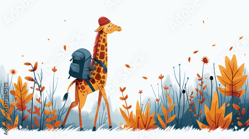  A giraffe wearing a backpack roams a field, surrounded by tall grass and vibrant flowers