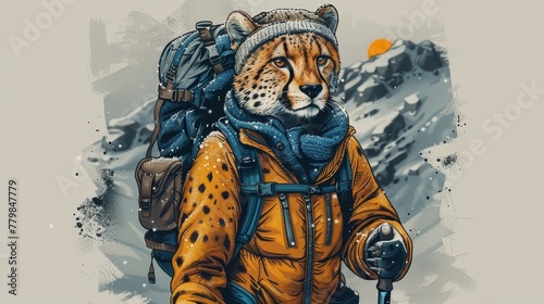  A man hikes up a snowy mountain, bearing a backpack and accompanied by a cheetah on his back