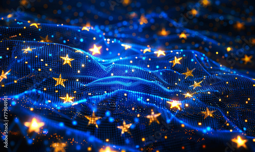 Digital European Union Flag Composed of Stars Shining Across a Network of Dynamic Data Points, Symbolizing Connectivity and Unity
