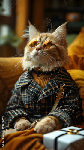 An endearing image of a cat dressed in human-like clothing, appearing as a sophisticated and thoughtful character. Fashion collection commercial magazine cover